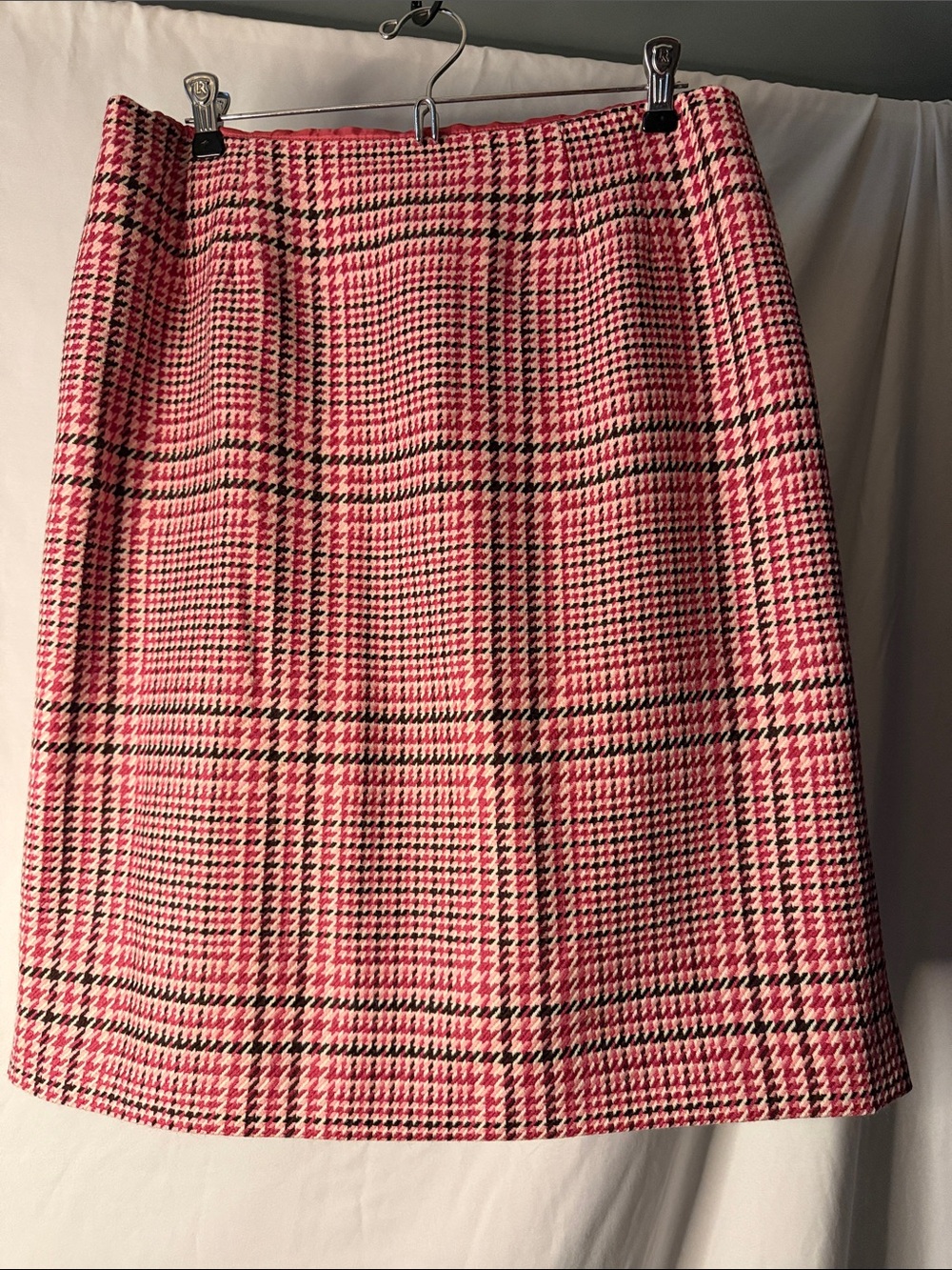 Talbots Pencil Skirt Womens 12 Pink Plaid Excellent Lined Wool Professional